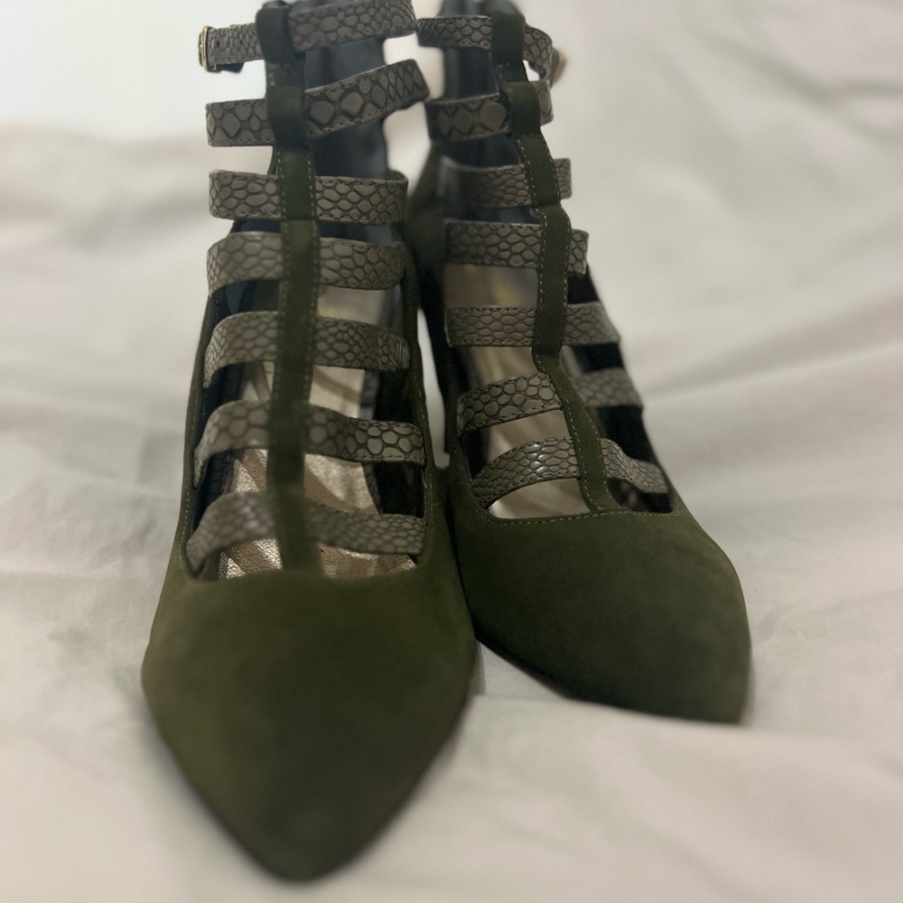 Green suede t-strap heels